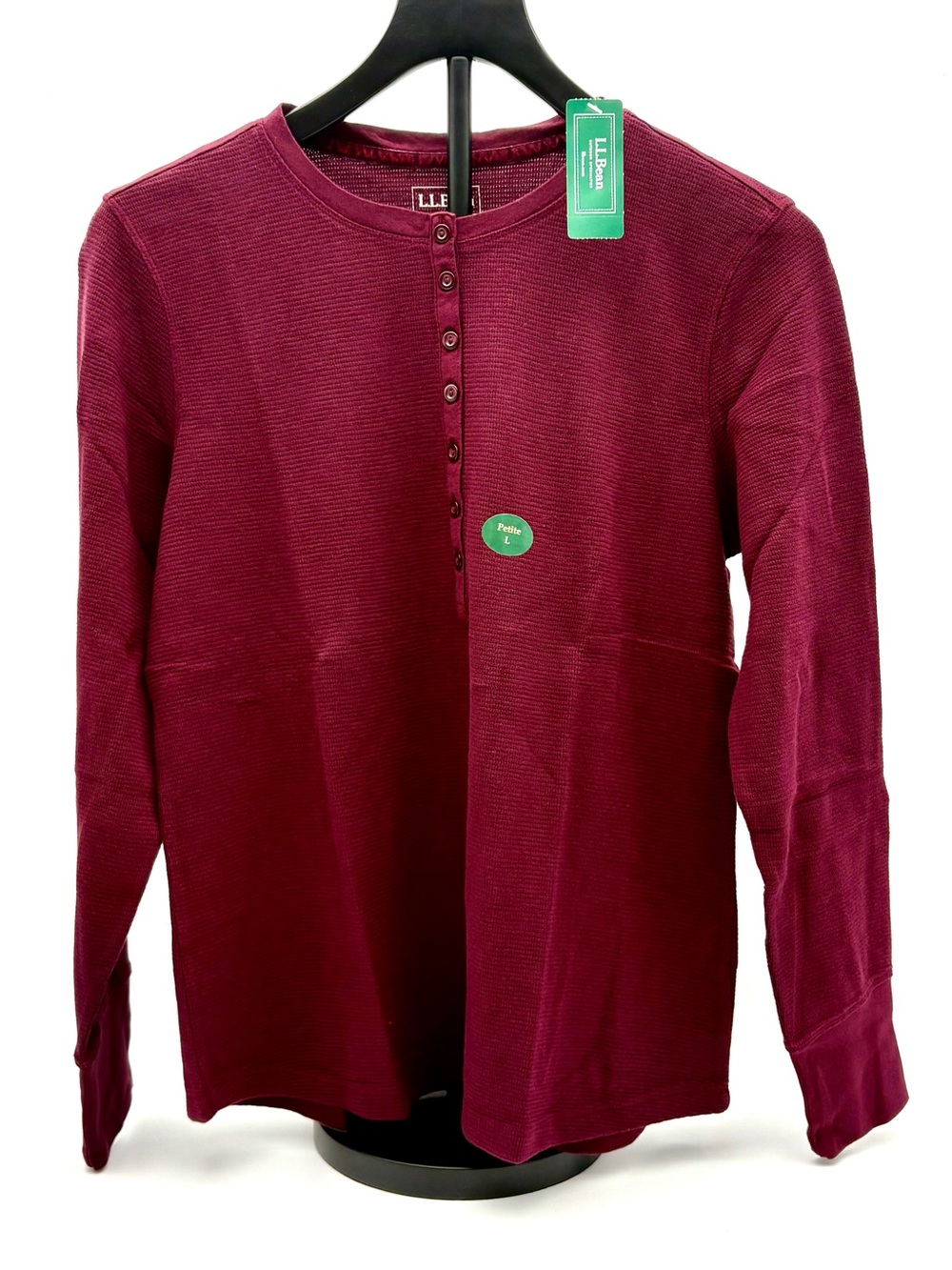 NWT L.L. Bean Women's Petite Large Waffle Knit Thermal Henley Burgundy PL